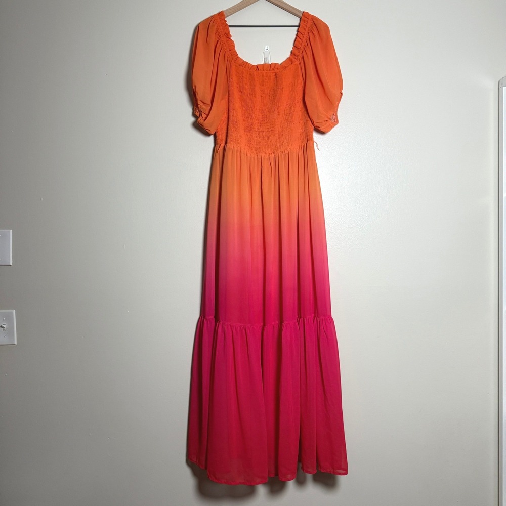 Flying Tomato Womens Tiered‎ Maxi Dress 2X Orange Pink Ombre Summer Wedding